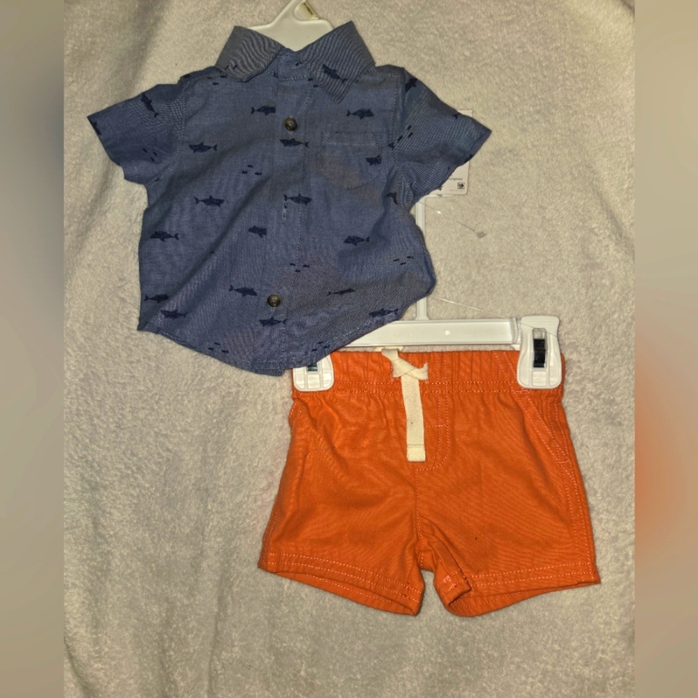 Blue Shark Print Shirt and Orange Shorts Set